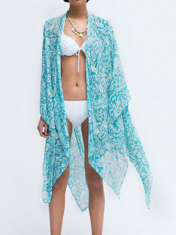 Moss Rose Birdy Aqua Print Kimono